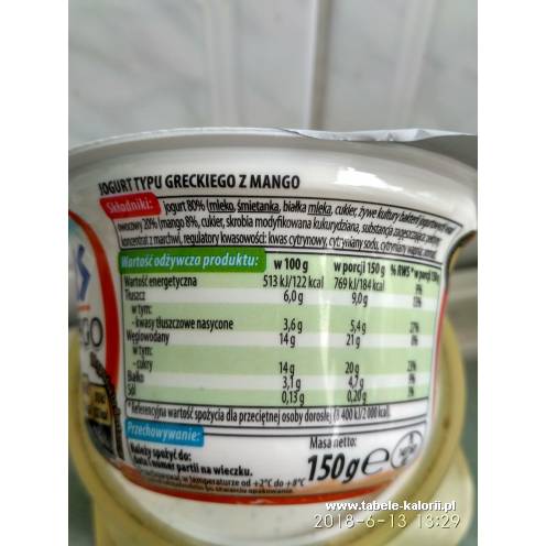 Jogurt typu greckiego z mango - Tolonis - kalorie..